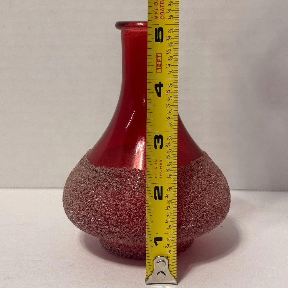 Vintage Red Glass Bud Vase with Textured Sugar Bead Base Mid Century Modern